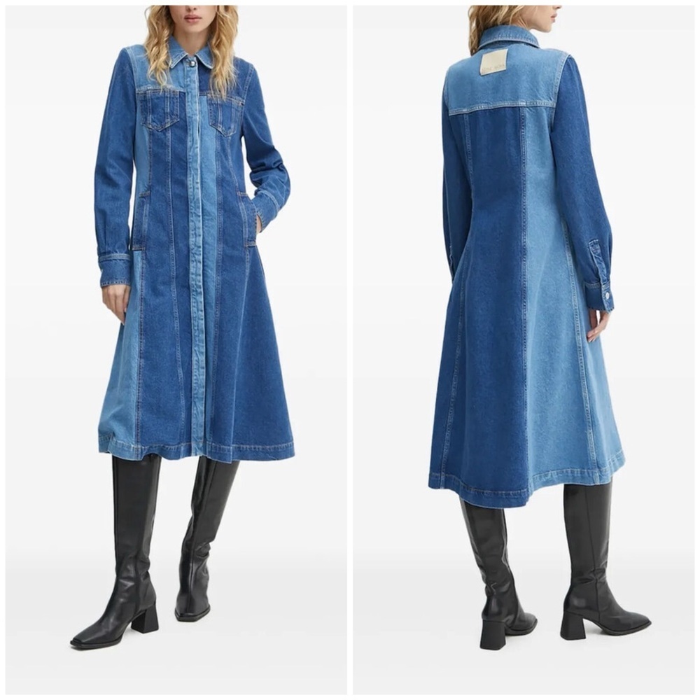 Nwt Stine Goya Panelled Midi Shirt Dress Denim Two Tone Western Country Sz Xxs